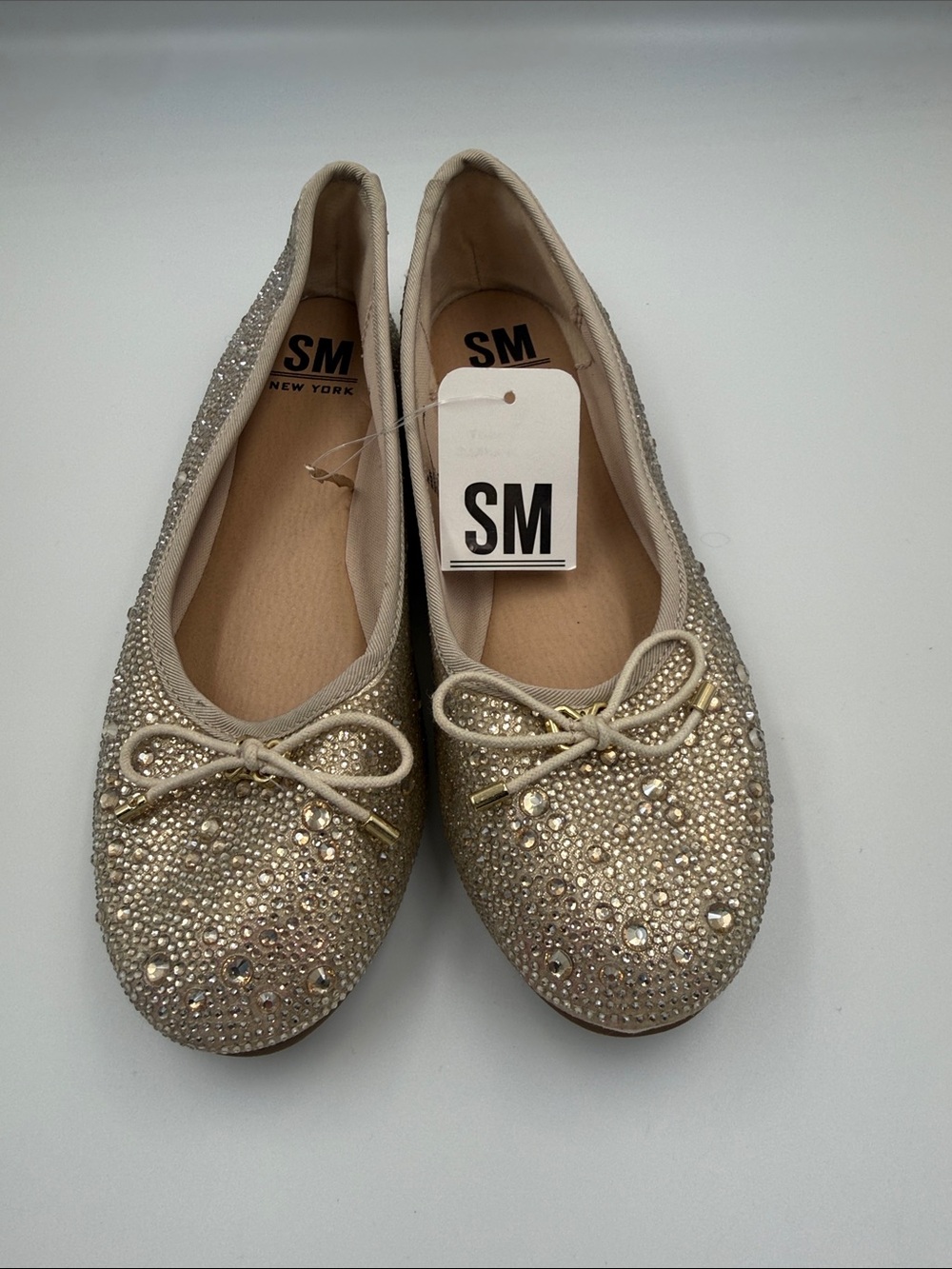 SM New York Glittery Champagne Crystal Bow Ballet Flats